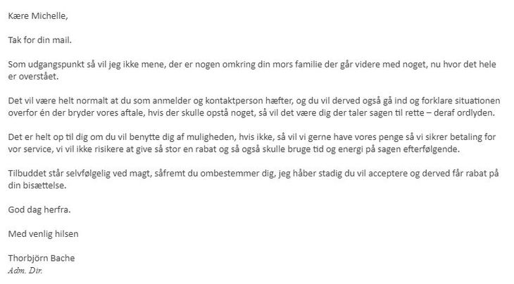 Screenshot af mail fra Thorbjörn Bache til Michelle Lunow Lauritzen 12 dage efter bisættelsen.