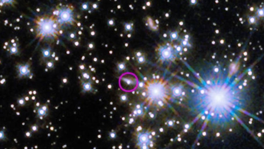 Billedet viser infrarødt lys fra gammaglimtet, som blev opfanget af Hubbleteleskopet mellem november og december. (Billede: NASA, ESA, CSA, STScI, A. Levan (Radboud University); Billedprocessering: Gladys Kober)