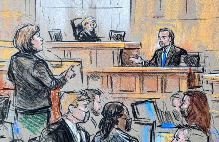 Det er ikke muligt at tage billeder i retten, men en tegner var på plads, da Leonardo DiCaprio vidnede. Foto: Bill Hennessy/Ritzau Scanpix